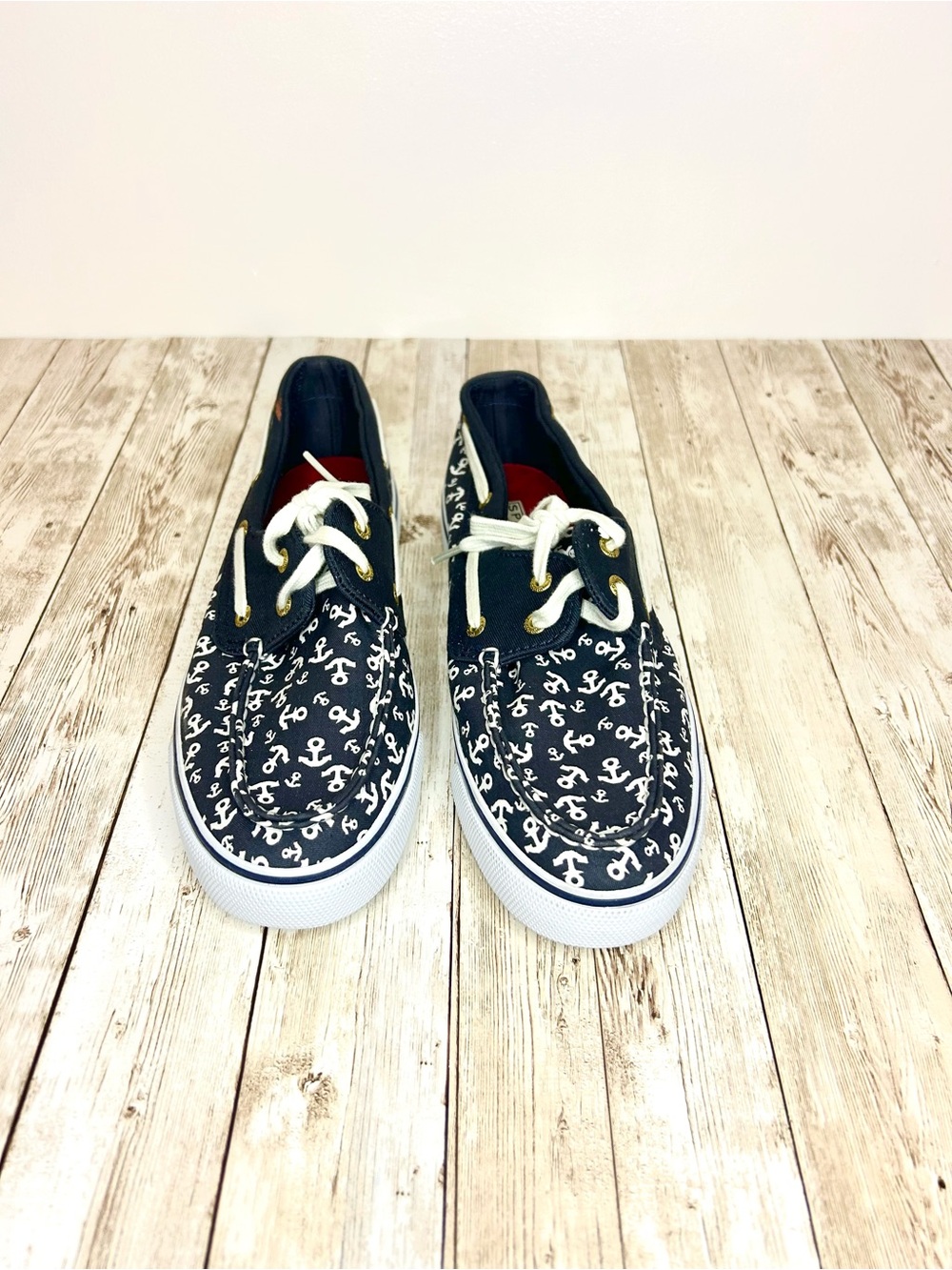 Sperry Top-Sider Women’s 7.5M Anchor Print Boat Shoes Navy White Gold Nautical